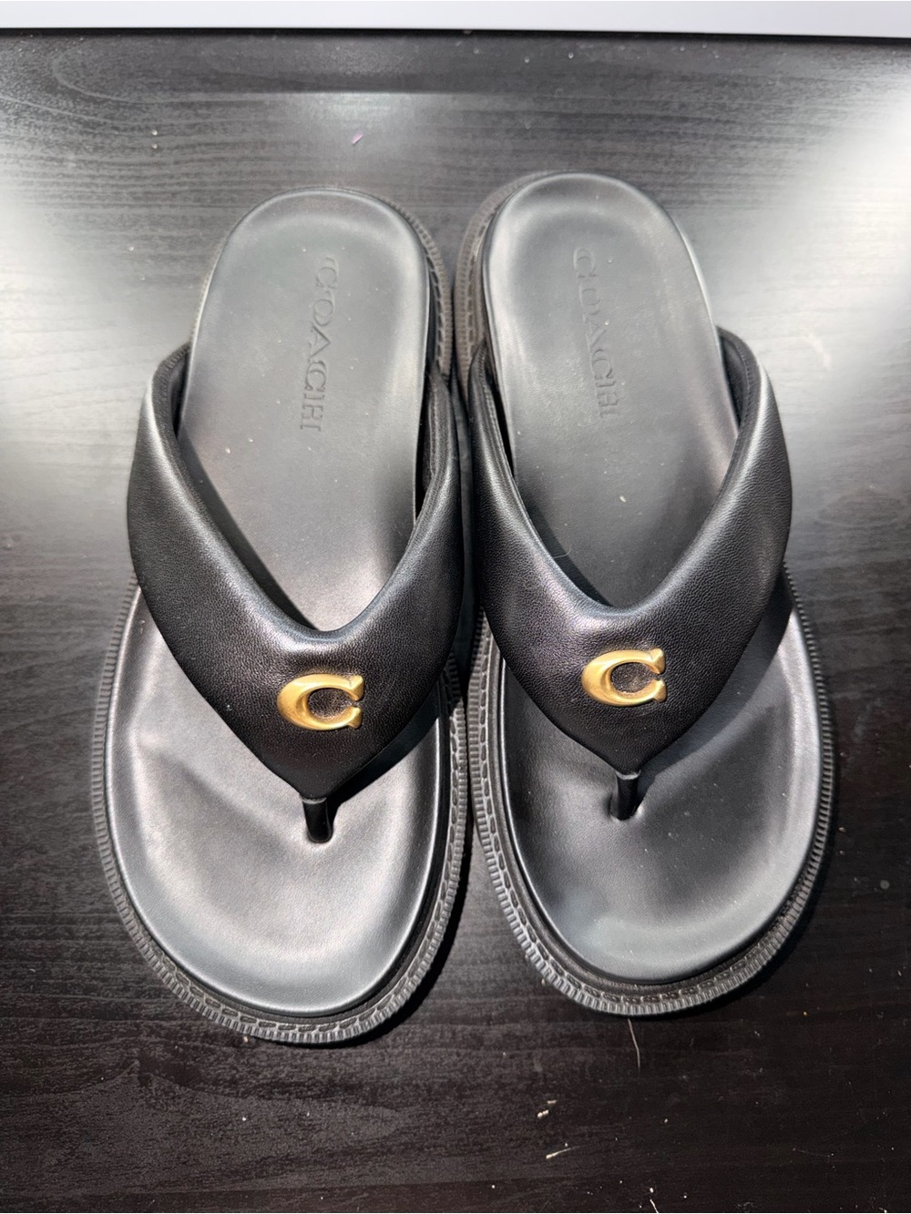 Coach Black Leather Thong Sandals with Gold C Accent